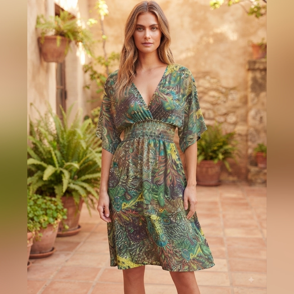 Green Paisley Smocked V-Neck Tunic Top